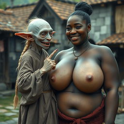 In a medieval village, an image features a tiny, elderly female goblin, characterized as an albino with very pale skin and a malnourished body, showing rotten teeth