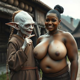 In a medieval village, an elderly female goblin is depicted as tiny and albino, with very white skin and a malnourished body, characterized by rotten teeth