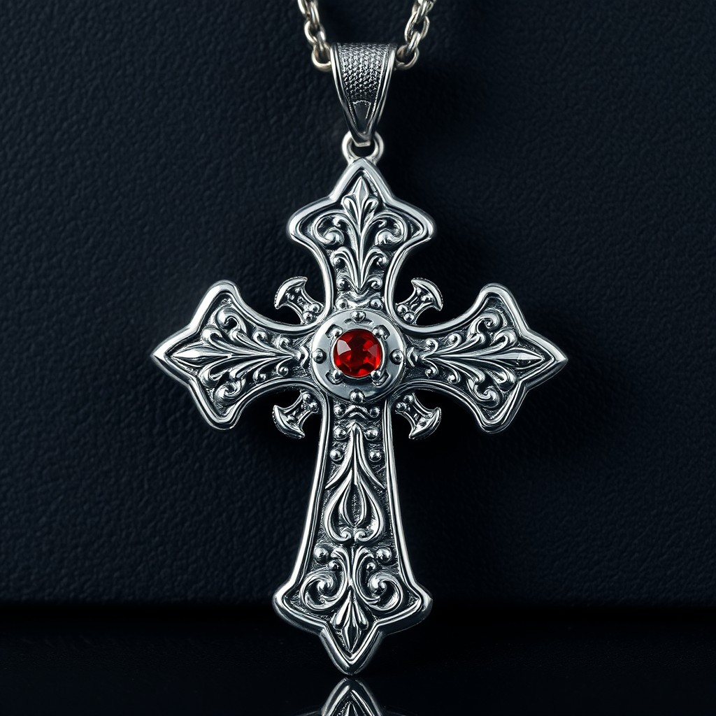 A beautifully detailed Chrome Hearts cross pendant, intricately designed with gothic influences, featuring ornate engravings and a polished silver finish