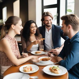 Four people in a restaurant sitting at a table enjoying their lunch. Two of them are females and the other two are males.