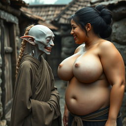 In a quaint and impoverished medieval village, the focus is on a unique interaction between two characters