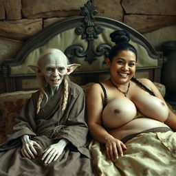 In a cozy medieval bedroom, two distinct characters recline on a beautifully adorned bed