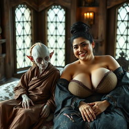 In a cozy medieval bedroom, two distinct characters recline on a beautifully adorned bed