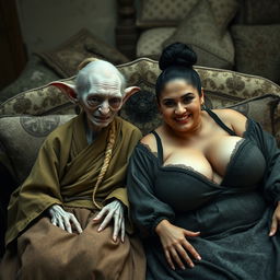 In a cozy medieval bedroom, two distinct characters recline on a beautifully adorned bed