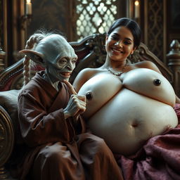 In a richly decorated medieval bedroom, a tiny elderly female goblin is lying comfortably on a lavish bed