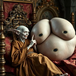 In a richly decorated medieval bedroom, a tiny elderly female goblin is lying comfortably on a lavish bed