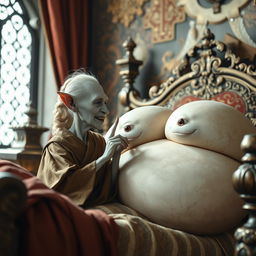 In a lavish medieval bedroom, a tiny elderly female goblin is lying comfortably on an ornate bed