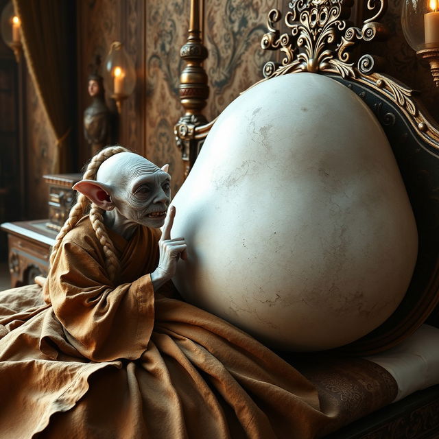 In a lavish medieval bedroom, a tiny elderly female goblin is lying comfortably on an ornate bed