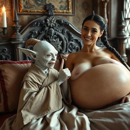 In a beautifully decorated medieval bedroom, a tiny elderly female goblin is lying comfortably on a sumptuous bed