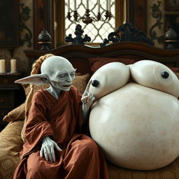 In a beautifully decorated medieval bedroom, a tiny elderly female goblin is lying comfortably on a sumptuous bed