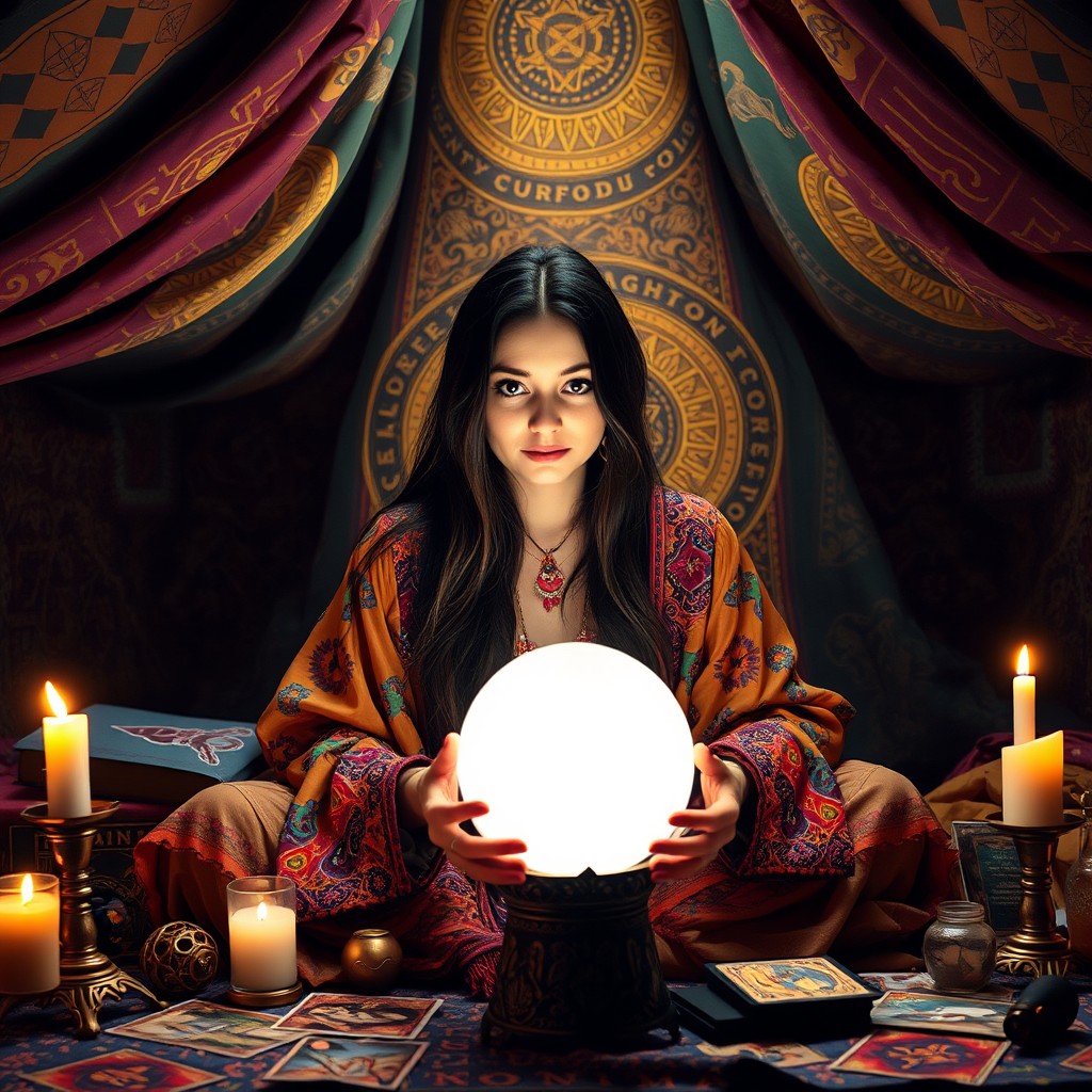 A mystic fortune teller in a beautifully decorated tent, sitting in front of a glowing crystal ball