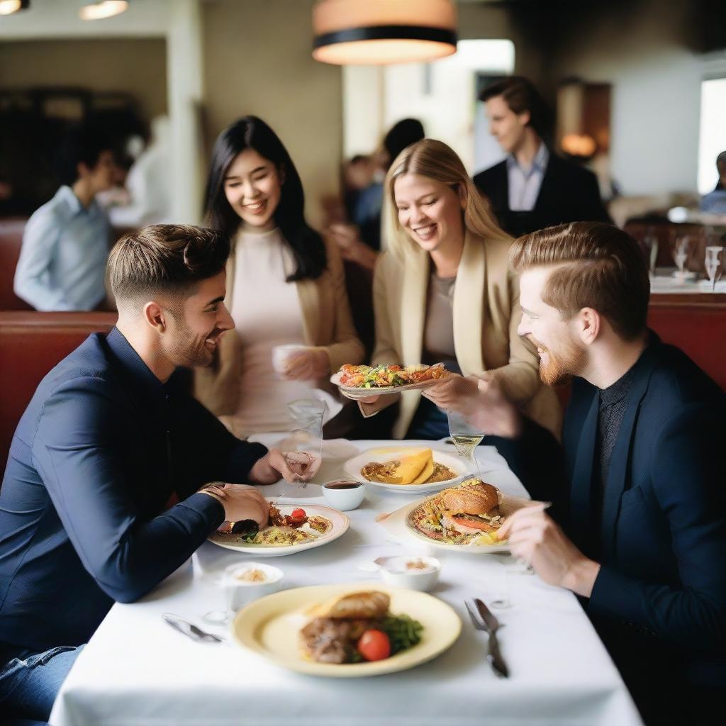 Four people in a restaurant sitting at a table enjoying their lunch. Two of them are females and the other two are males.