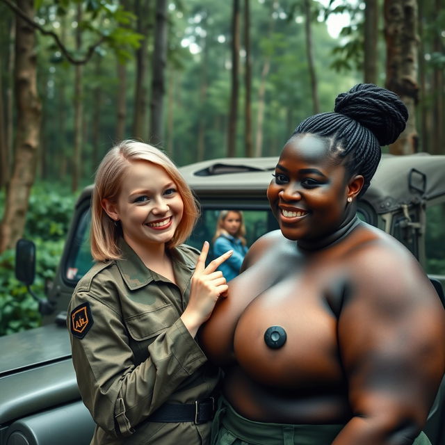 In a dense forest environment, beside a military jeep, a striking scene unfolds