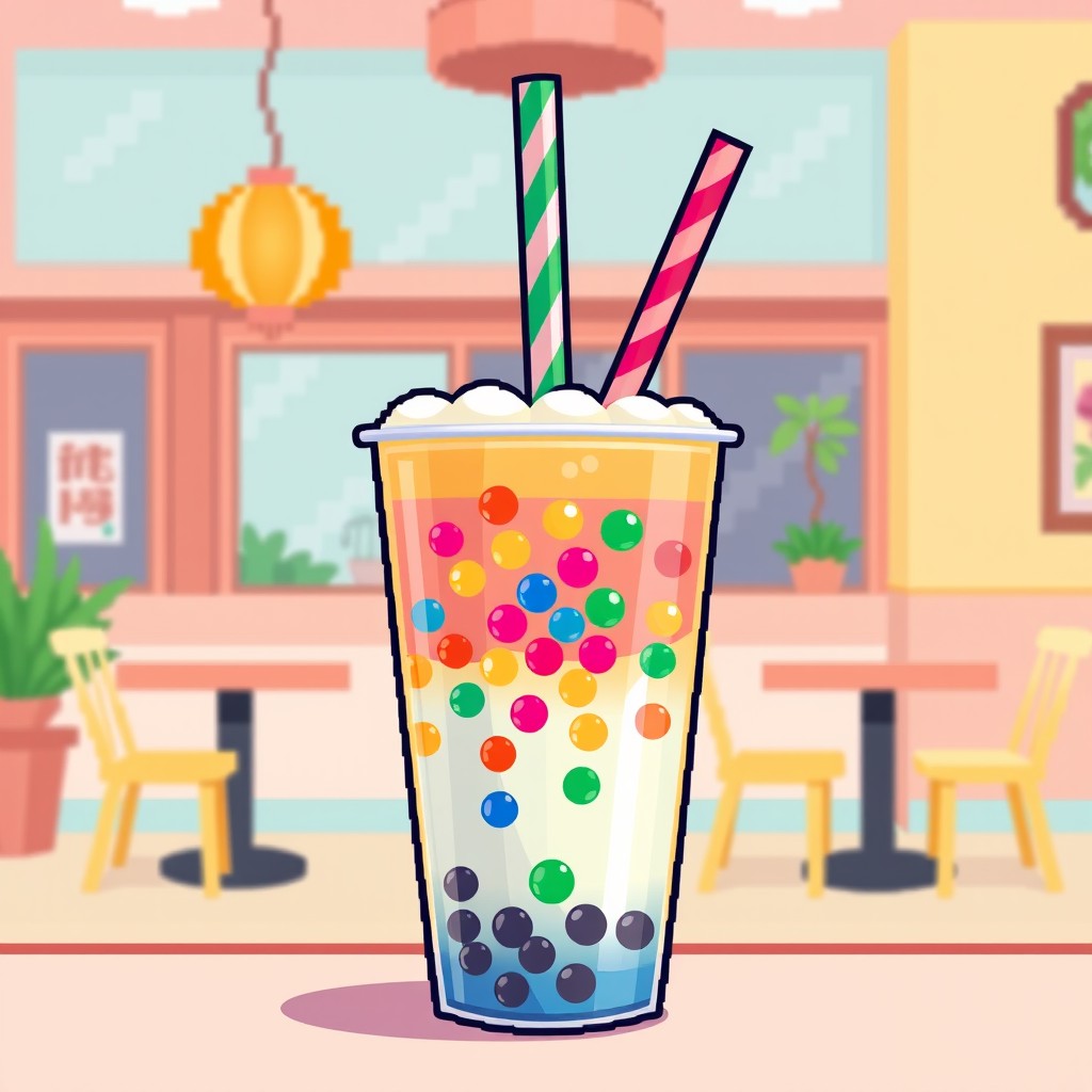A vibrant pixel art representation of a bubble tea cup filled with colorful tapioca pearls, topped with a creamy layer and a colorful straw