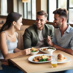 Four people in a restaurant sitting at a table enjoying their lunch. Two of them are females and the other two are males.