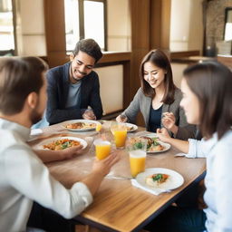 Four people in a restaurant sitting at a table enjoying their lunch. Two of them are females and the other two are males.