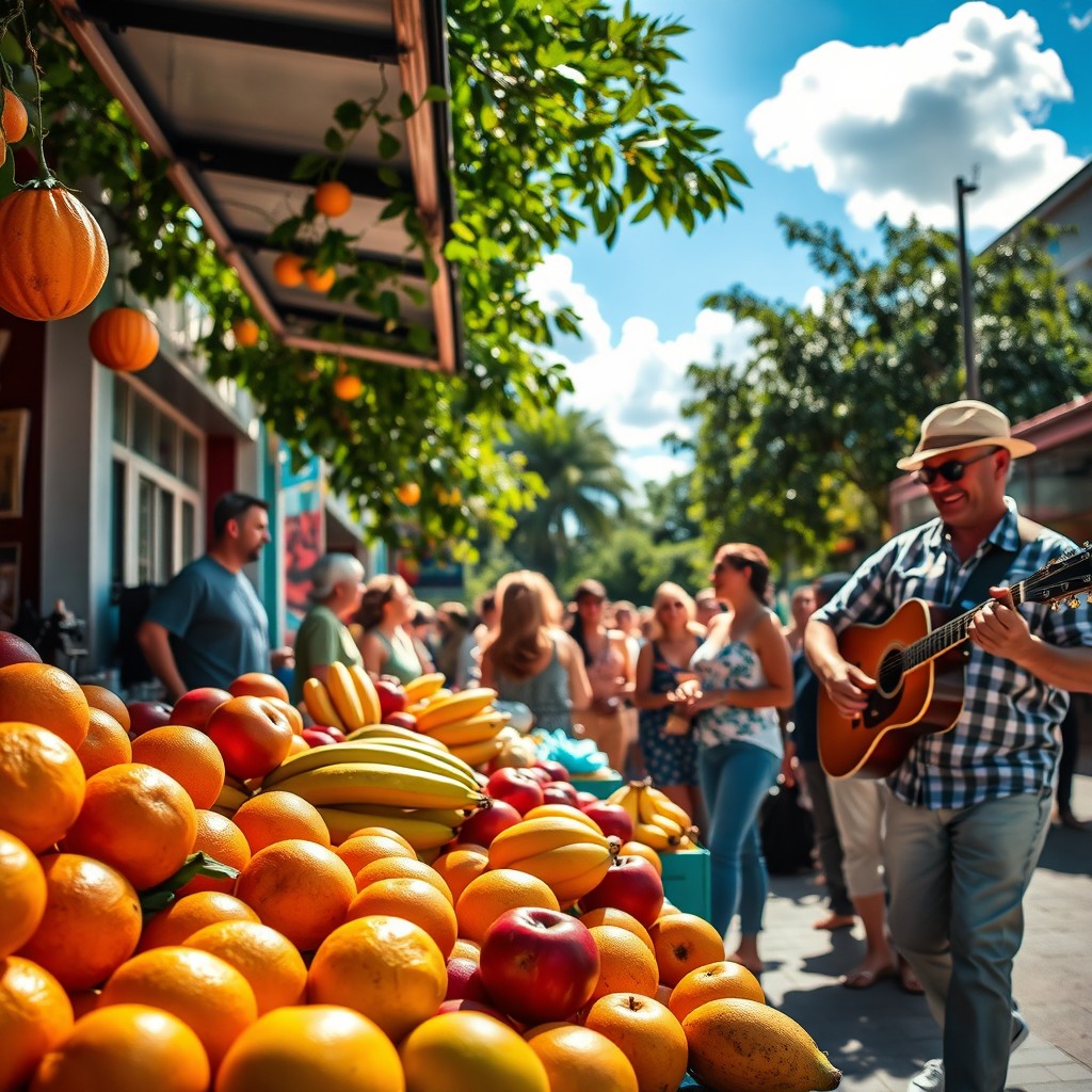 A vibrant and colorful street scene featuring a lively marketplace