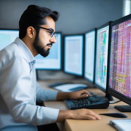 A diligent Pakistani software engineer deeply engaged in work, surrounded by multiple computer screens displaying colorful codes and diagrams.