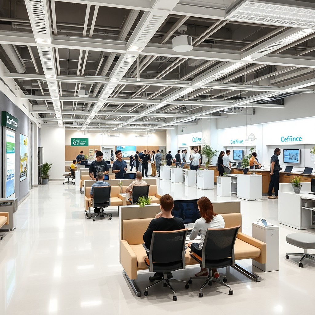 An innovative office interior designed to handle long queues and user overflow, featuring spacious waiting areas with ergonomic seating, digital kiosks for self-service, an efficient ticketing system, and clear signage