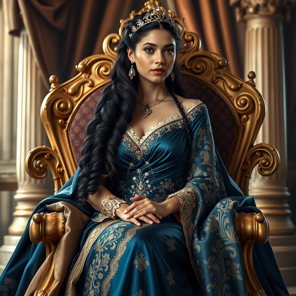 A regal portrait of Princess Jasman, depicted as a strong and graceful figure seated on a luxurious throne adorned with intricate patterns and jewels