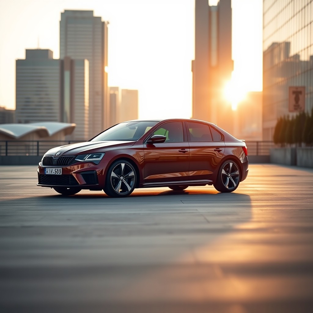 A sleek and sporty Skoda RS car, featuring a dynamic, aerodynamic design with bold lines and a striking color, parked in an urban environment