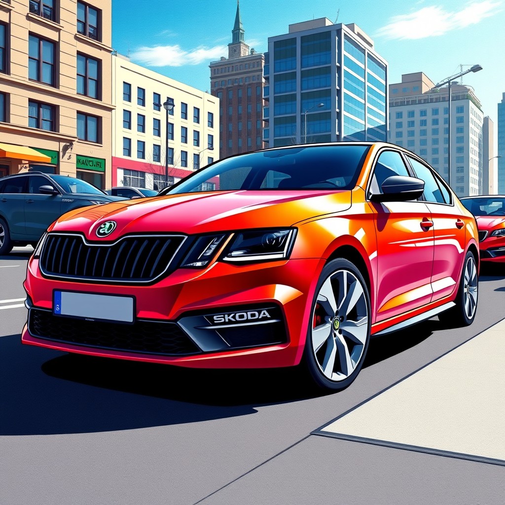 A stunning, detailed 2D illustration of a Skoda Octavia, showcasing its sleek design, modern features, and stylish accents