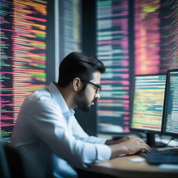 A diligent Pakistani software engineer deeply engaged in work, surrounded by multiple computer screens displaying colorful codes and diagrams.