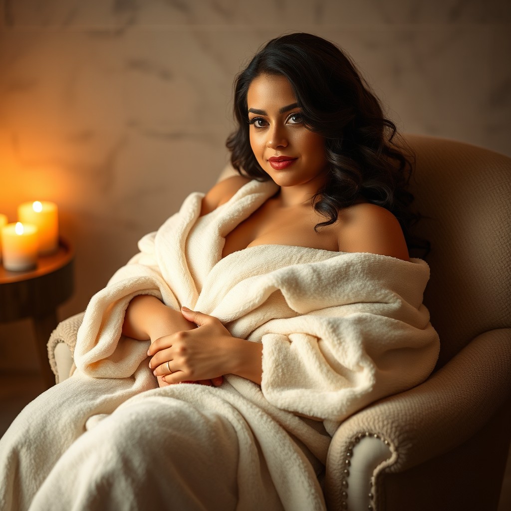 A curvy woman elegantly wrapped in a luxurious bath blanket, showcasing soft, flowing lines and a warm atmosphere
