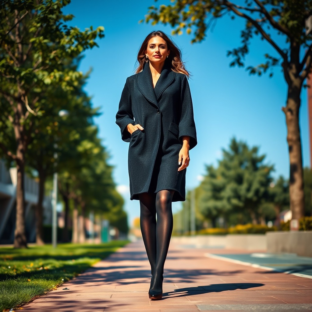 A confident woman wearing a thick black chadori, elegantly styled, walking with poise on a sunlit sidewalk