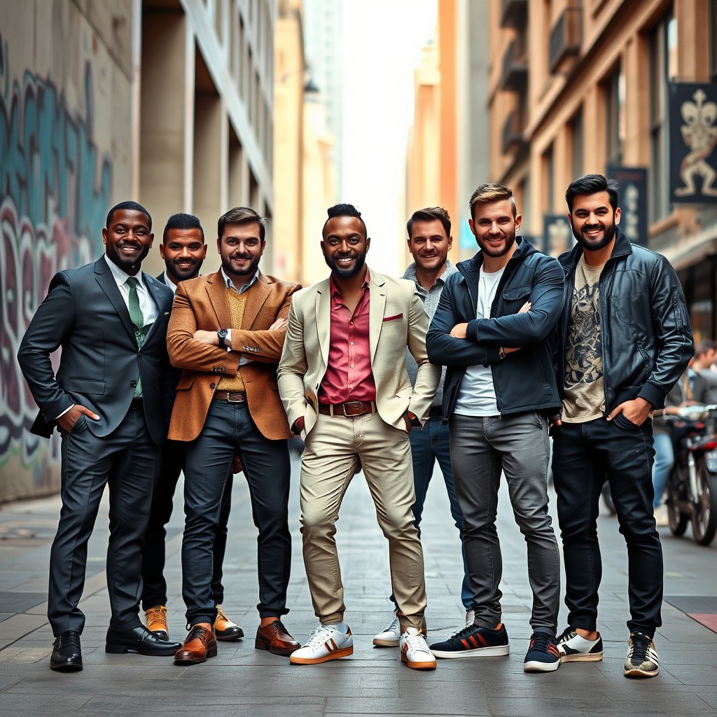 A group of confident men standing together in a stylish urban environment
