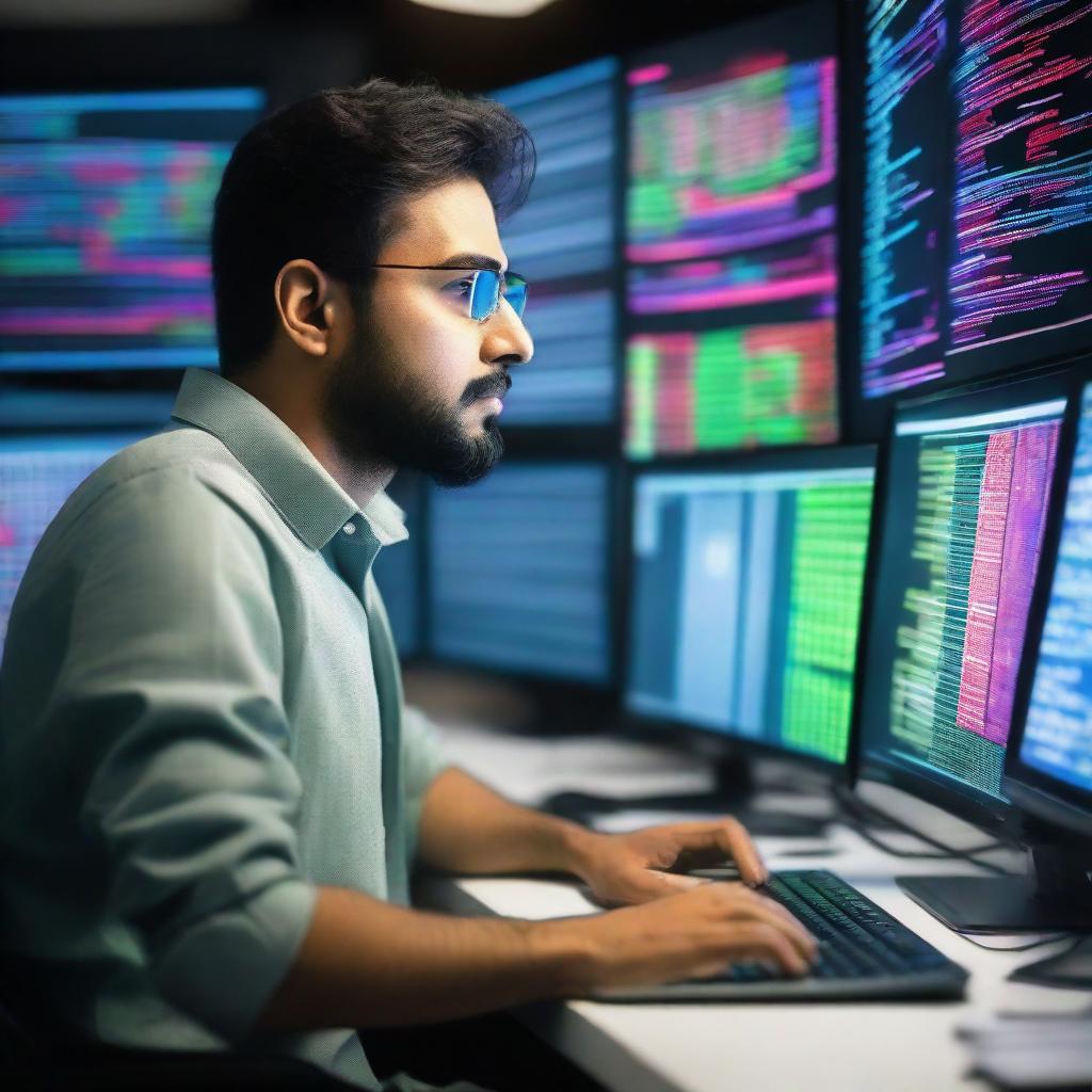 A diligent Pakistani software engineer deeply engaged in work, surrounded by multiple computer screens displaying colorful codes and diagrams.