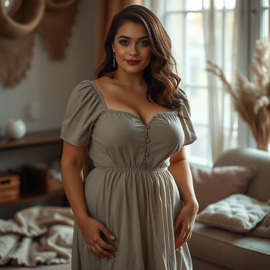 A voluptuous and generous Polish woman poses gracefully wearing a charming babydoll dress that tastefully enhances her bust