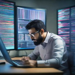 A diligent Pakistani software engineer deeply engaged in work, surrounded by multiple computer screens displaying colorful codes and diagrams.