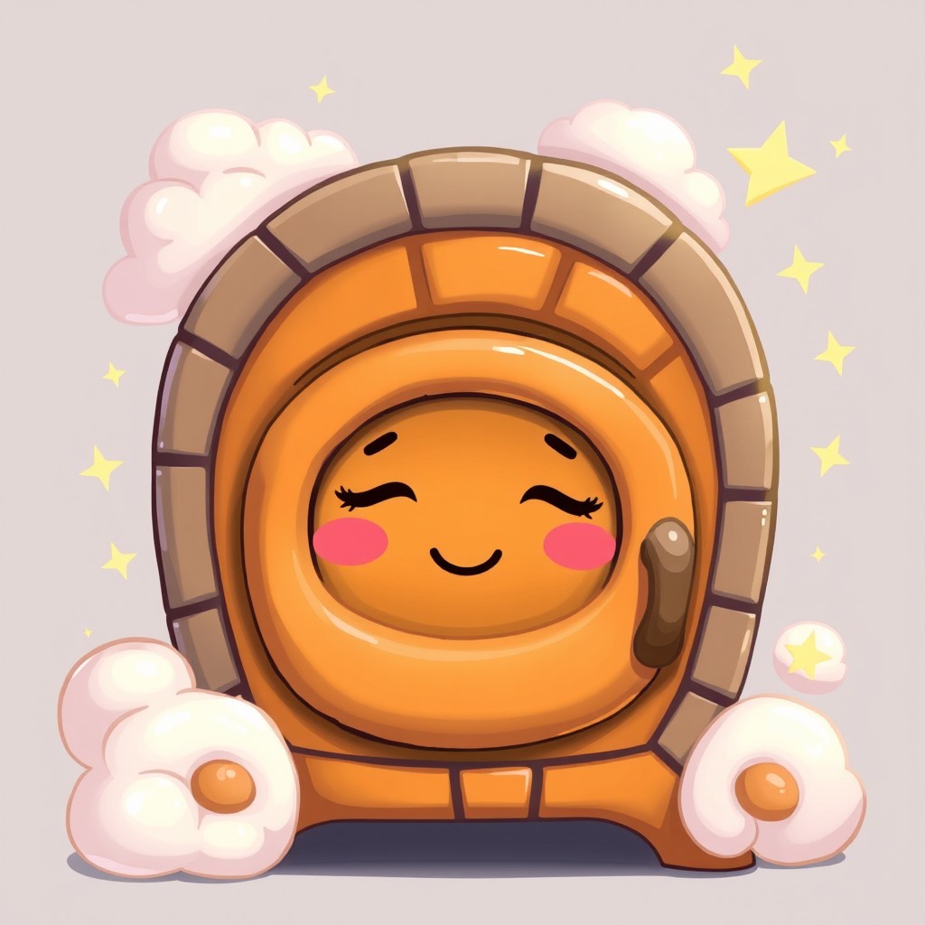 A whimsical and colorful depiction of the sleepy oven from the animated film 'Vovka in the Kingdom of Three Nine', featuring a soft, cartoonish design
