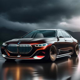 An unprecedented 8K resolution, 1080HP picture quality render of a new, luxurious BMW designed by Maybach, spectated against a dramatic rainy backdrop, encapsulating elegance and power.