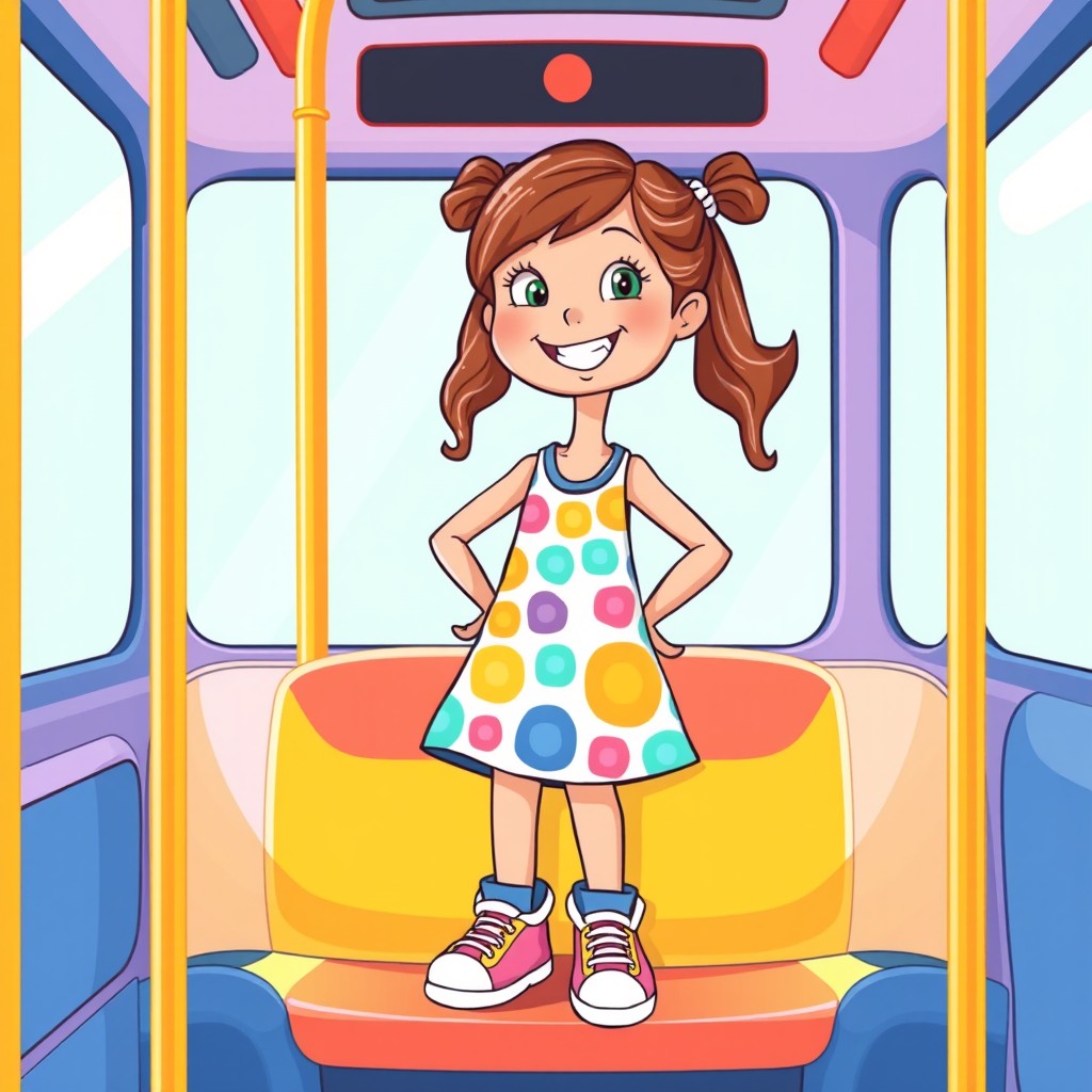 A whimsical clipart illustration of a cheerful 8-year-old girl with bright, playful features, standing confidently on a colorful bus seat