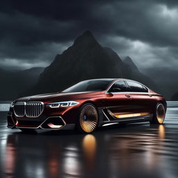 An unprecedented 8K resolution, 1080HP picture quality render of a new, luxurious BMW designed by Maybach, spectated against a dramatic rainy backdrop, encapsulating elegance and power.