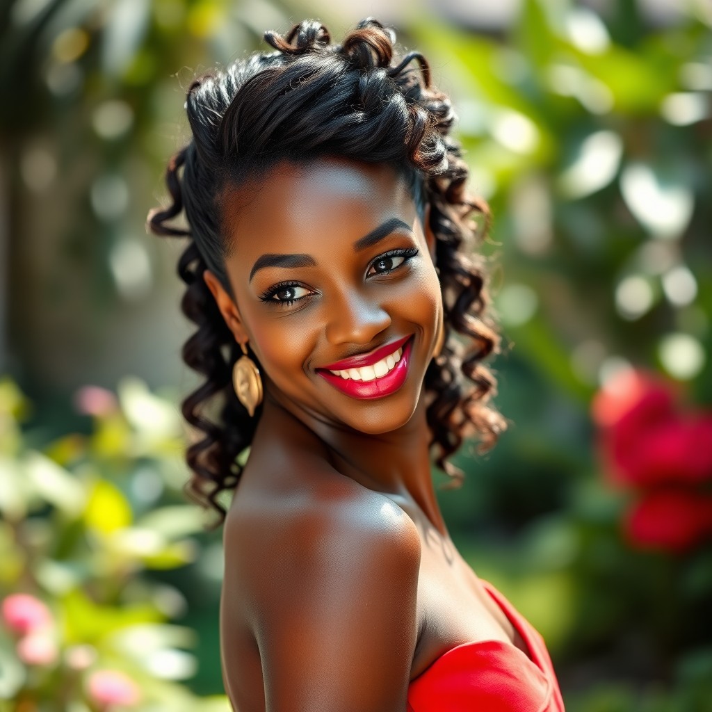 A stunning portrait of a beautiful ebony woman with rich, dark skin, wearing a vibrant red dress that contrasts beautifully with her complexion