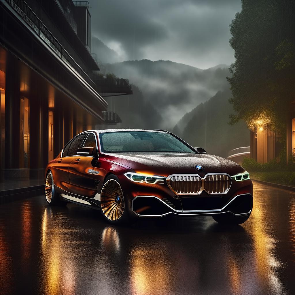 An unprecedented 8K resolution, 1080HP picture quality render of a new, luxurious BMW designed by Maybach, spectated against a dramatic rainy backdrop, encapsulating elegance and power.