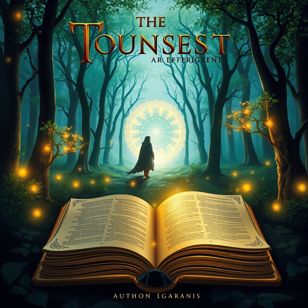 A captivating book cover design featuring a mystical forest scene at twilight, with glowing trees and ethereal lights