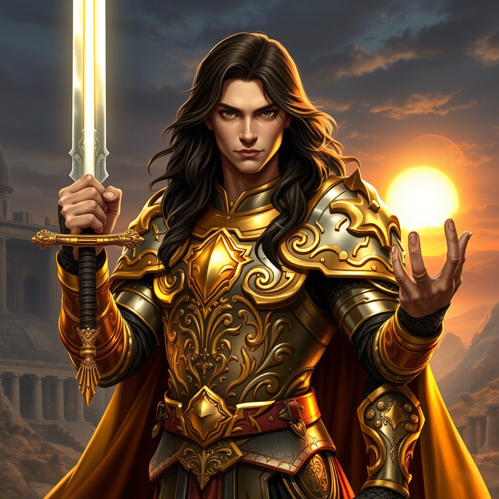 A character art of a Paladin in a Dungeons & Dragons 5th Edition style, inspired by Anakin Skywalker from Star Wars