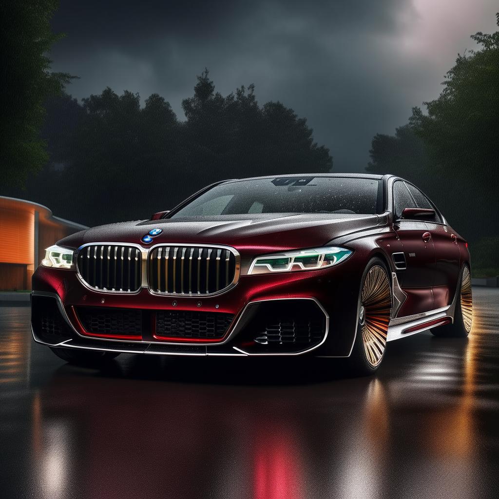 An unprecedented 8K resolution, 1080HP picture quality render of a new, luxurious BMW designed by Maybach, spectated against a dramatic rainy backdrop, encapsulating elegance and power.