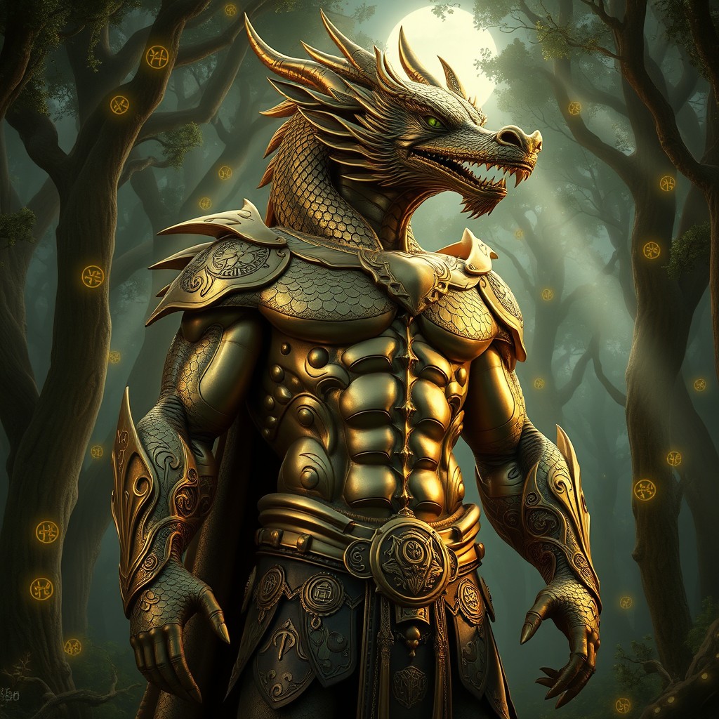 A strong looking brass half-dragon mystic, towering and majestic, with intricate brass scales glinting under mystical light