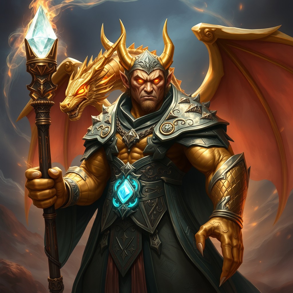 A strong brass half-dragon caster, featuring a muscular and imposing figure with vibrant brass scales that shimmer in the light