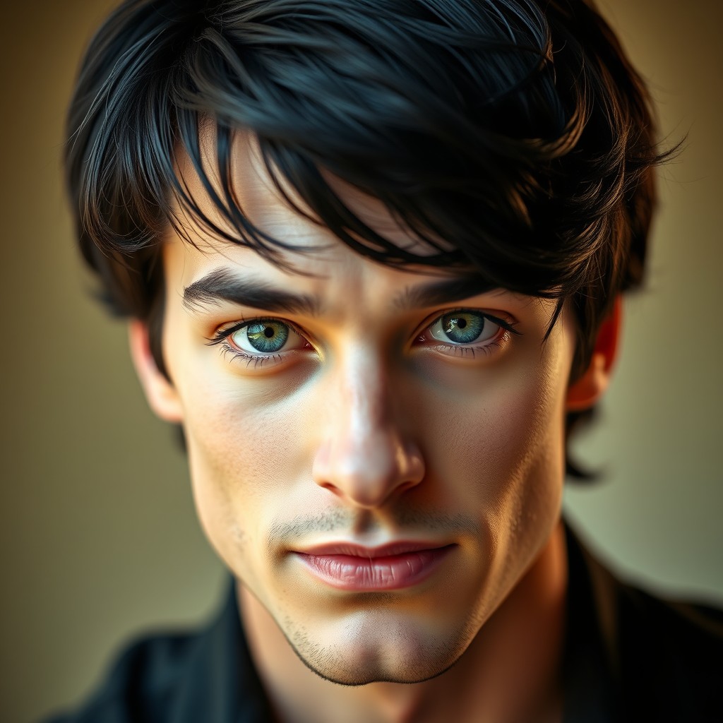A visually striking portrait of a handsome male with jet black hair and captivating green and blue eyes