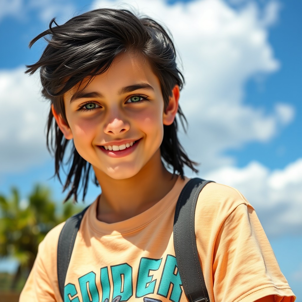 A handsome teenage boy with striking jet black hair and captivating green and blue eyes