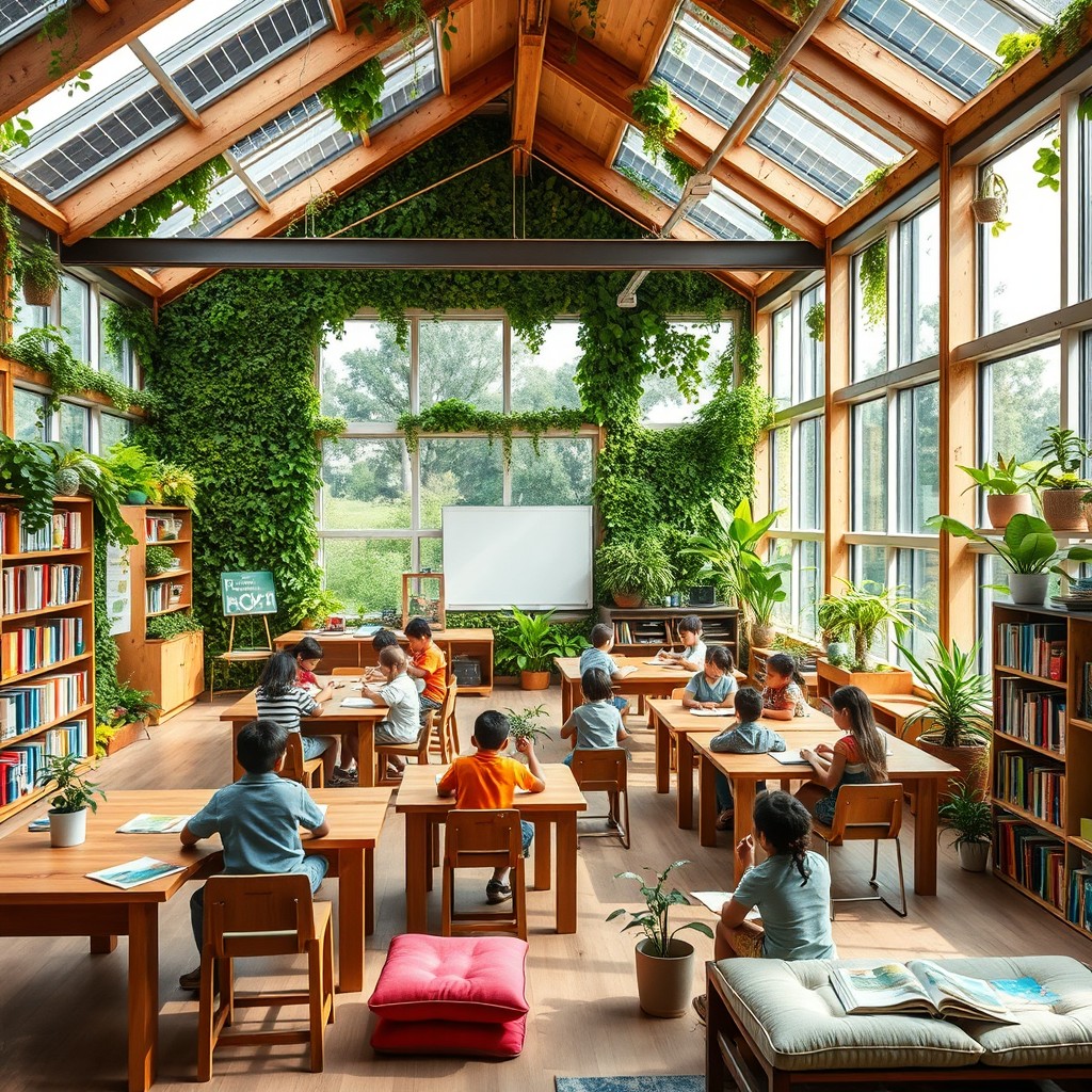 A vibrant and engaging sustainable classroom or library filled with natural light