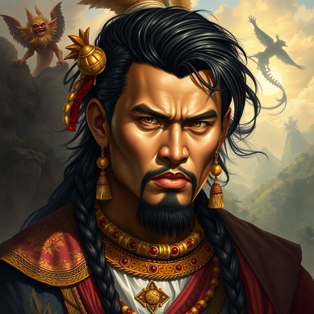 A detailed portrait inspired by Hinilawod, depicting the epic heroes and mythological elements from the ancient Visayan epic