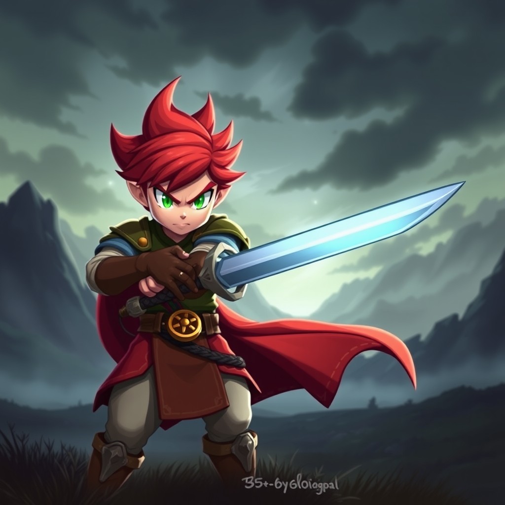 A fierce hero standing in a battle stance, wielding a sword