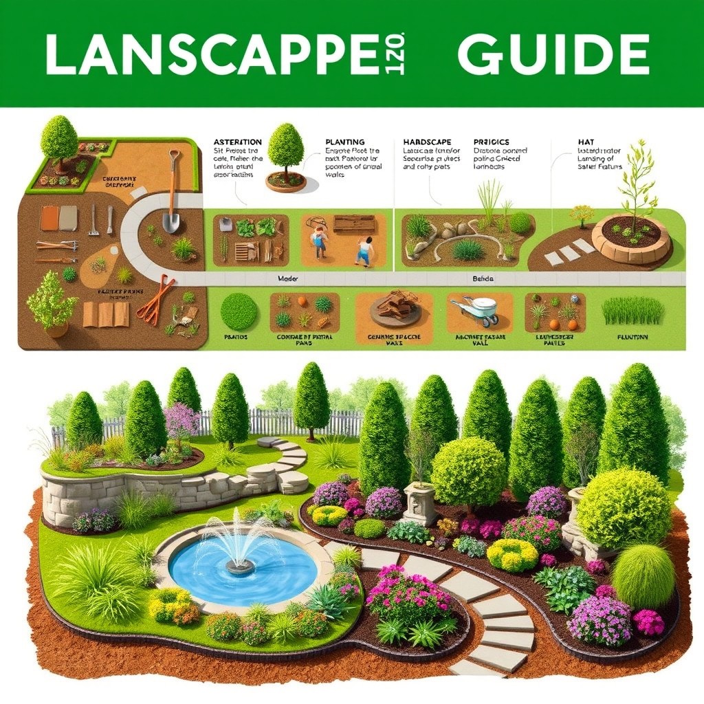 A comprehensive guide to landscape construction, visually represented from the initial planning stages to the final execution